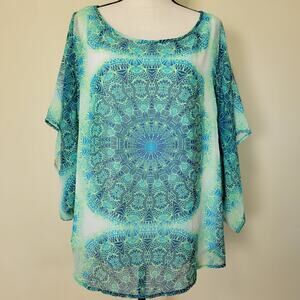 EUC Sara Michelle 1X Pullover Lined Kimono Top Blouse Green Scoop Neck